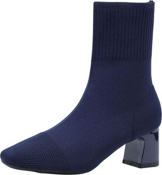 Generic Ladies Ankle Boots Stretch Knit Short Booties Stylish Solid Color Chunky Heel Breathable Classic Comfortable Slip On Sock Boots Work Leisure