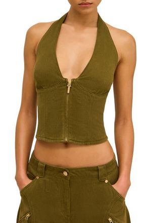 Cult Gaia Davey Zip Front Twill Halter Top in Rosemary at Nordstrom, Size 10