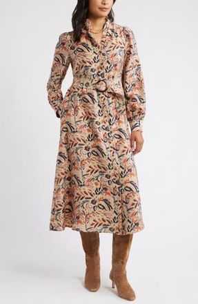 Caslon Ruffle Belted Long Sleeve Maxi Dress in Tan- Navy Ikat Blossom at Nordstrom Rack, Size Medium