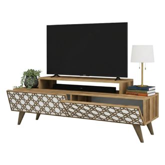 Dmora Dmora - Mueble De Televisi&oacute;n Sheratan, Aparador De Sal&oacute;n, Mueble Bajo Para Tv, Base De Pared Equipada, 140x42h49 Cm, Nogal Y Blanco, Con Embalaje Refo