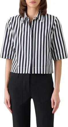 Akris Boxy Kodak Stripe Short Sleeve Cotton Poplin Button-Up Shirt in Black-Cream at Nordstrom, Size 16