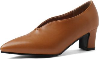 Generic Womens Pointed Toe Pumps V Cut Vamp Chunky Block Heel PU Leather Cushioned Insole Non Slip Durable Comfortable Stylish Daily Party Shoes,Yellow,9.5 UK