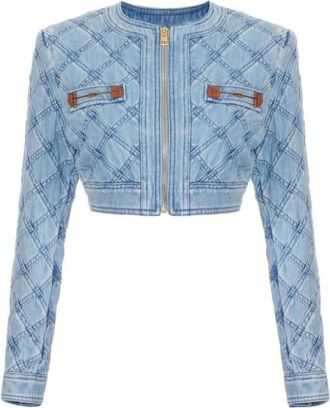 Elisabetta Franchi Jassen, Dames, Blauw, M, Denim, Denim jack met diamantdessin