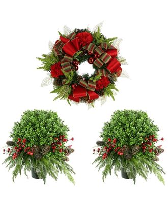 Creative Displays Inc. 26In Contemporary Christmas Holiday Wreath With 2 Uv-Rated Boxwood Topiary Drop-Ins