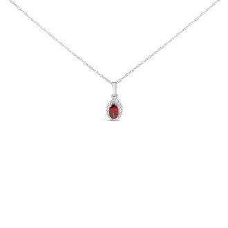 House of Brilliance 10K White Gold 5x3mm Red Garnet and Diamond Accent Halo Oval Shape Pendant Necklace