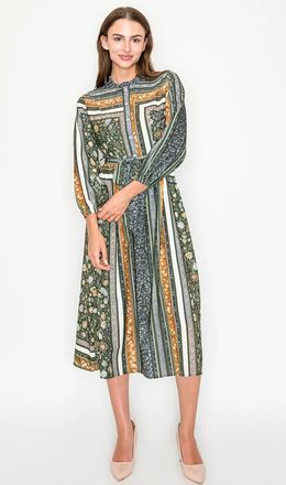 YAL New York Olive Multi-Pattern Belted Midi Dress