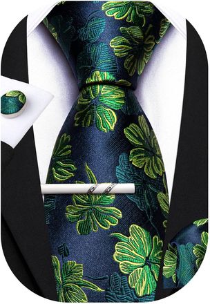 Barry.Wang Mens Ties Set Silk Floral Paisley Necktie Pocket Square Cufflinks Clip 4PCS Set Business Wedding Party Work for Men Tie
