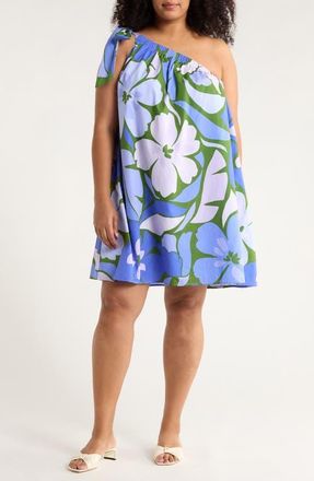 Sugarlips Dayana Floral Adley One-Shoulder Cotton Minidress in Green-Blue at Nordstrom, Size 2X