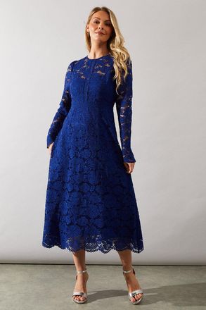 Wallis Womens Lace Fit And Flare Midi Dress - Blue Polyamide - Size 18 UK