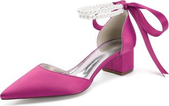 Generic Bridal Shoes Satin Womens Block Heel Wedding Shoes Pointed Toe Prom Party Dress Pumps 4.5Cm,Rose red,10 UK