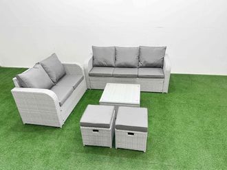 Fimous 7 Seater PE Rattan Wicker Garden Furniture Patio Conservatory Sofa Set with Square Coffee Table 3 Seater Sofa Love Sofa 2 Stools in Light Grey