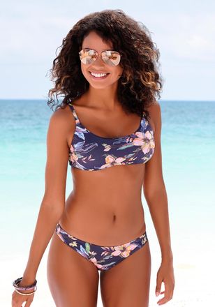 Lascana Bikini-Hose LASCANA Malia, Damen, Gr. 32, N-Gr, grau (anthrazit, bedruckt), Microfaser, Microfaser, Polyamid, bedruckt, floral, Badehosen Bikini-Hose,