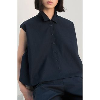 Mango Sleeveless Cotton Button-Up Shirt in Navy at Nordstrom, Size 6