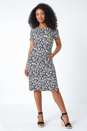 Roman Geometric Print Pocket Stretch Dress