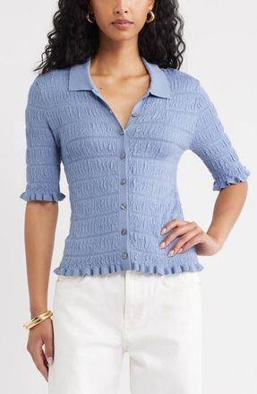 Open Edit Textured Short Sleeve Cardigan in Blue Umbra at Nordstrom, Size Xx-Small