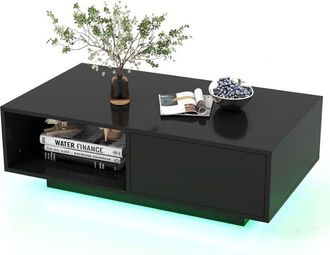 Costway Mesa De Centro Con 20 Colores De Luces Led, Mesa Moderna Rectangular Con Control Remoto, Mesa Inteligente De C&oacute;ctel Con Caj&oacute;n Y Estante Abierto, Mesa 