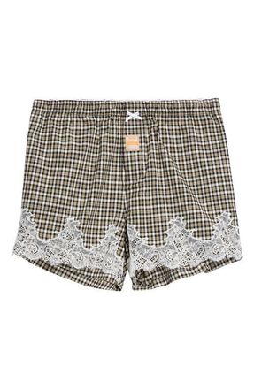Martine Rose Lace Trim Check Stretch Cotton Boxer Shorts in Black Green at Nordstrom, Size Large