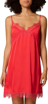 Simone P&eacute;r&egrave;le Lace Trim Satin Chemise in Flamingo at Nordstrom, Size X-Small