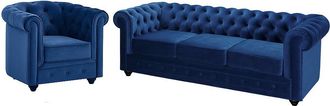 Vente-Unique Sof&aacute; 3 plazas y sill&oacute;n de terciopelo CHESTERFIELD - Azul noche