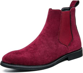 Generic Mens Faux Suede Pointed Toe Chelsea Ankle Boots Pull on Short Boots Flat Heel Casual Shoes,Red,12.5 UK