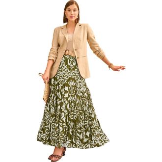Jessica London Flowing Crinkled Maxi Skirt in Moss Green Damask at Nordstrom, Size 22