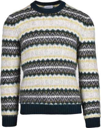 Scaglione Textured Knit Crew Neck Sweater In Green And Grey Hues