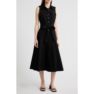 En Saison Brixton Tie Waist Midi Shirtdress in Black at Nordstrom, Size X-Small