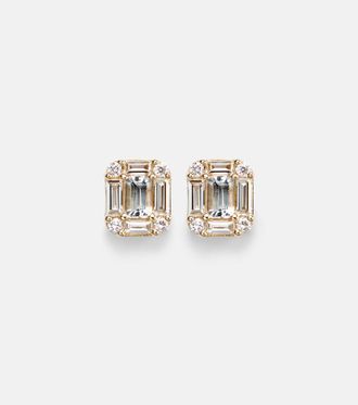 Stone and Strand Shield Of Strength 14kt gold earrings with diamonds and aquamarine