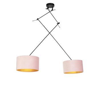 QAZQA Qazqa R&uacute;stico L&aacute;mpara Colgante Negra Con Pantallas De Terciopelo Rosa Y Dorado 35 Cm 2 Luces - Blitz Textil /acero Cil&iacute;ndra /alargada /redonda Adecuad