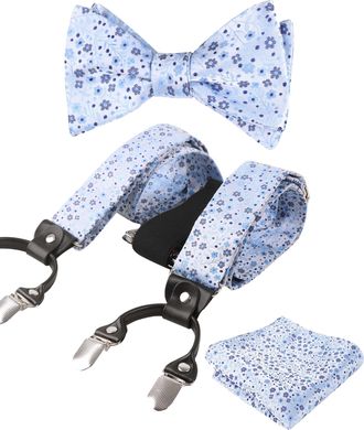 Alizeal Mens Floral Patterned Classic Colorful Self Tied Bow Tie, Hanky and Y Shape Adjustable 6 Clips Braces Set, Light Blue