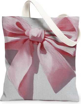 Generic Elegant Peach Bow Canvas Tote Bags, Vintage Floral Design Reusable Grocery Bags, Lightweight Washable Shoulder Strap Canvas, Peach, 13x15 Inch