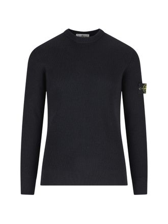 Stone Island Navy Blue Virgin Wool Crew-Neck Sweater with Compass Badge