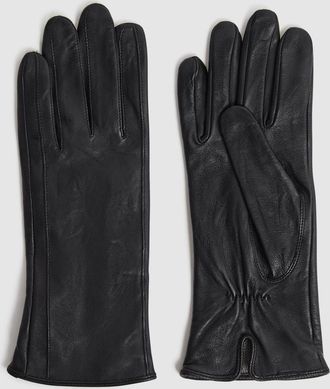 Reiss Black Leather Ruched Gloves, M & L