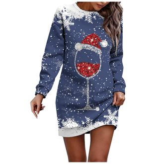Generic Christmas Party Dresses Women Ladies Long Sleeve Round Neck Xmas Graphic Print Jumper Dress Winter Casual Dress