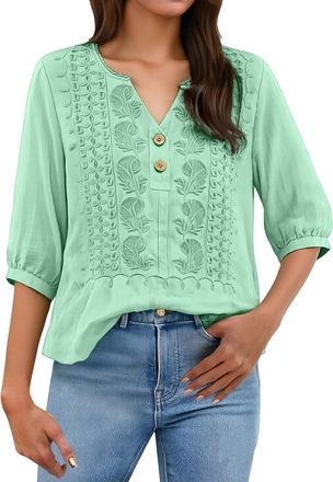 Generic Womens Office Wear Boho Tops for Women UK Hippy Cotton Linen Embroidery Blouses 3/4 Sleeve V Neck Bohemian Fashion T Shirt Breathable Floaty Lightweig