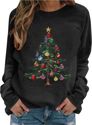 Generic Christmas Ugly Jumpers Women Christmas Tree Printed Jumper Novelty Fleece Long Sleeve Sweatshirt Oversized Pullover Tops Xmas Graphic Funny Sweater Wi