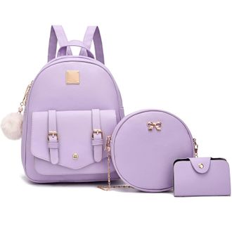 I Ihayner Womens 3 Piece Fashion Leather Backpack Set Mini Backpack Handbag Rucksack Satchel Shoulder Bag for Ladies Purple