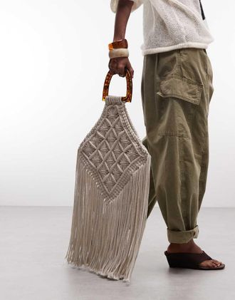 Asos Borsa shopping in macram&egrave; con frange-Neutro