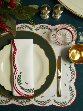 Loretta Caponi Holly Hand-Embroidered Linen Placemats and Napkins (Set of 2)