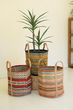 Kalalou Set Of Three Multi-Colored Woven Jute Baskets With Handles