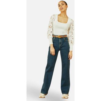 Yumi Ribbed Knitted Lace Sleeve Sweater in White at Nordstrom, Size Large