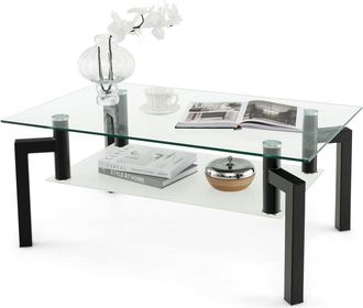 Costway Mesa de Centro de Cristal Rectangular, Mesa de Centro Moderna de 2 Niveles y Tablero de Vidrio Templado y Estante de Vidrio Esmerilado, Mesa