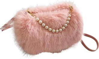 Generic Womens Plush Bags Fluffy Winter Crossbody Bags For Women Pearl Chain Decor Shoulder Bag Ladies Handbags And Purse(Pink)