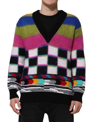 Dolce & Gabbana Mens Multicolor Glitch Intarsia Sweater Cashmere Mohair Virgin
