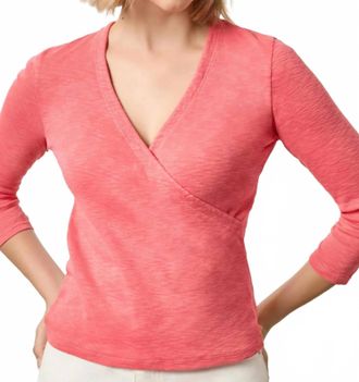 Lilla P Ribbed 3/4 Sleeve Surplice In Geranium