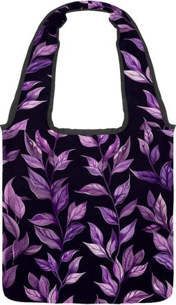 Generic Purple Tropical Leaves Reversible Canvas Shoulder Tote - Double-Sided Print, 12oz Cotton, 27cm Drop, Fold-Flat Bag for Travel, Shopping, Street Outing