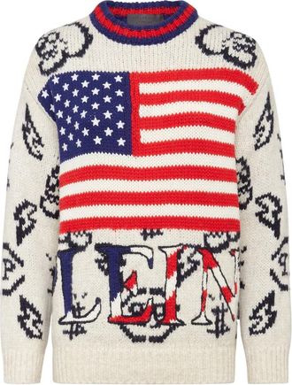 Philipp Plein Alpaca Wool USA Pullover Ronde Hals LS - Dames - Ronde hals truien - Beige - M - Wol - Truien & Vesten