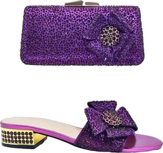 Generic Womens Low Heels Slip On Sandals and Full Rhinestone Sparkly Handbag Matching Set for Wedding Bride Party