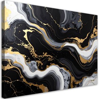 Feeby Cuadro En Lienzo Abstracci&oacute;n De M&aacute;rmol Glamur En Negro Y Dorado 100x70