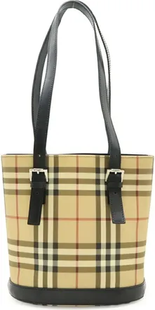 Burberry Beige Black Bordeaux Coated Canvas Leather Shoulder Bag Tote Bag (Pre-Owned)